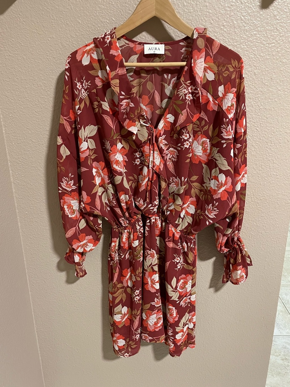 Aura Anthropologie Floral Tie-Waist Dress - Burgundy with Coral & Cream Blossoms